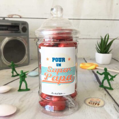 Bonbonnière Papa oldschool - Cœur en chocolat noir et lait fourrés praliné x20 - "Pour un super papa"
