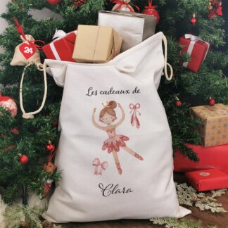 Hotte de Noël XXL personnalisée - "Les cadeaux de ..." - Ballerine rose