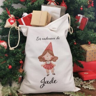 Hotte de Noël XXL personnalisée - "Les cadeaux de ..." - Lutin (Fille)