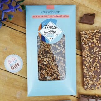 Tablette Chocolat Lait et Noisettes Caramélisées "Merci Maître " made in France (Maison Guinguet) - Cadeau Maître